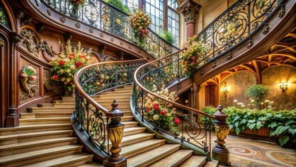 Obraz premium Intricately ornamented Art Nouveau ironwork adorns a grand staircase, featuring sinuous tendrils, blooming flowers, and delicate filigree patterns that evoke elegance and sophistication.