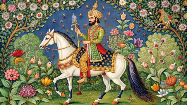 Intricately illustrated Indian Mughal painting depicting majestic prince on horseback, surrounded by lush foliage, vibrant peacocks, and delicate floral motifs, showcasing opulent royal grandeur.