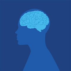 silhouette of human with brain on blue background