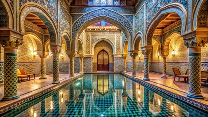 Obraz premium Intricately tiled Arabian baths with ornate arches and serene lighting evoke the rich Moorish heritage of Spain's ancient architectural treasures.