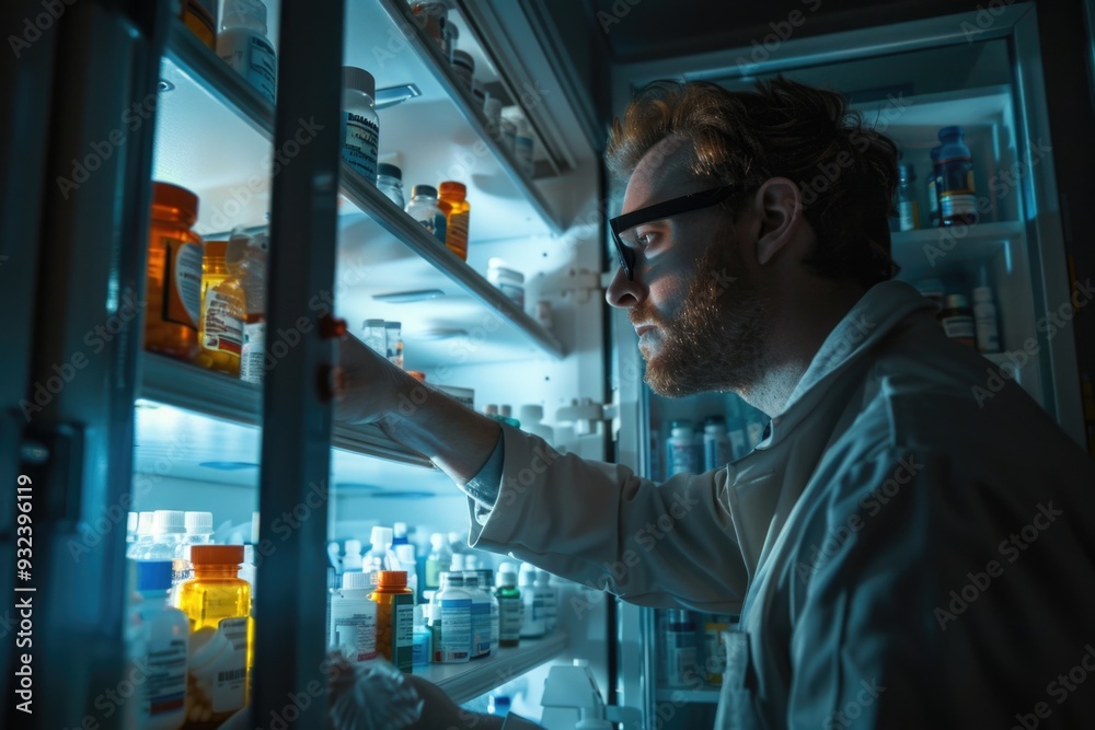 Poster a person in a lab coat examining the inside of a refrigerator