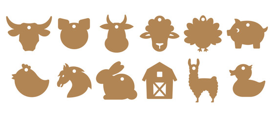 Set of farm animals gift tags shapes. Vector templates for cutting. Craft paper and cardboard label cut files