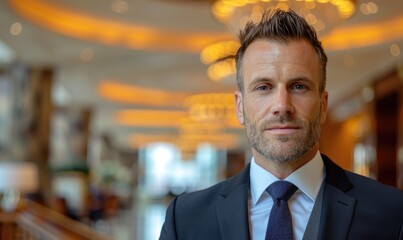 Fototapeta premium Stylish Man in a Suit and Tie Standing in Front of a Hotel