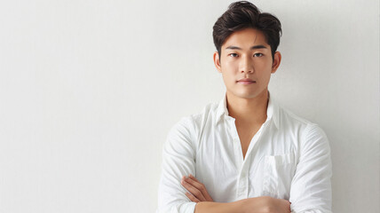 Young asian man in a white shirt standing with arms crossed and looking directly at the camera against a bright white background