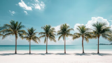 Fototapeta premium Palm trees line a white sandy beach. Perfect for travel, vacation, or tropical themes.