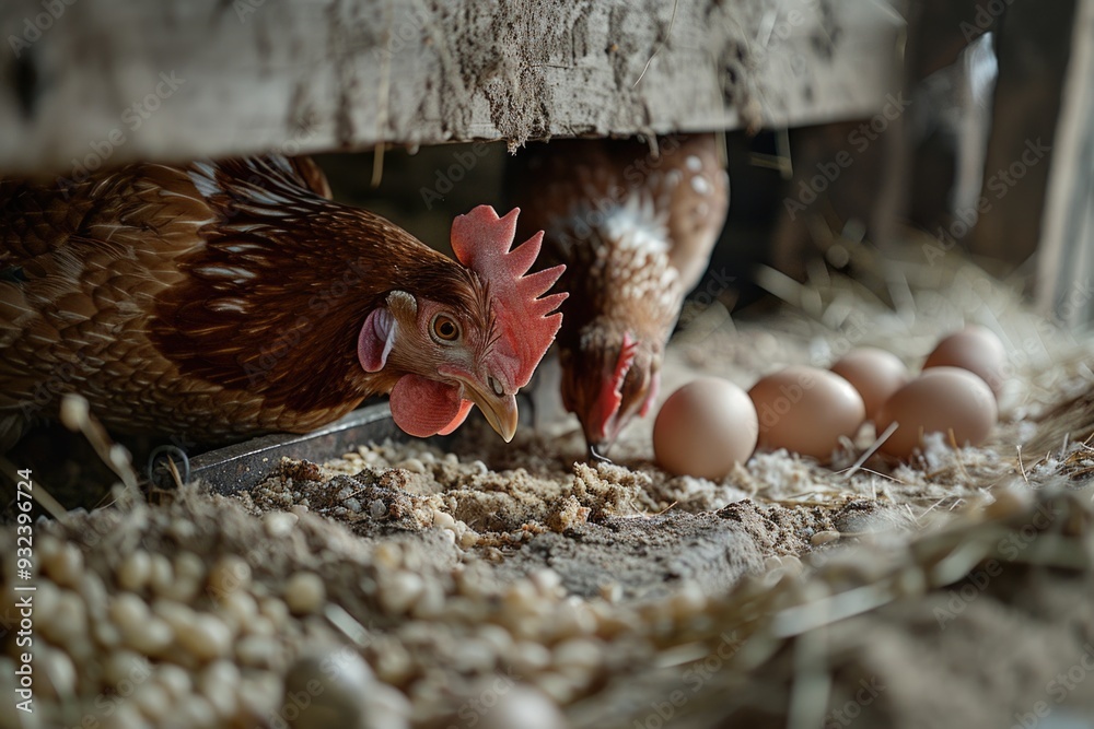 Poster a close-up shot of a chicken pecking at a group of eggs