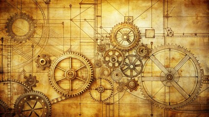 Intricate vintage mechanical blueprint details old-fashioned gears, cogs, and machinery components in a distressed, worn, and yellowed paper background with subtle texture and fading.