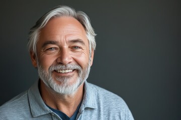 Smiling senior man on gray background. Perfect for websites about retirement, health, and well-being.