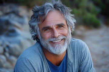 Smiling senior man with grey hair. Perfect for websites and social media posts about aging gracefully, healthy living, and happiness.