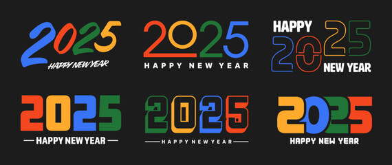 Set of 2025 Happy New Year greeting text designs. Christmas banner, poster, festive greeting card or seasonal promotion template. Collection of 2025 numbers with greetings. Vector illustration