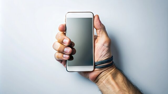 Isolated white background showcases a lone hand cradling a modern smartphone, fingers wrapped around the device, with a subtle emphasis on human connection in the digital age.