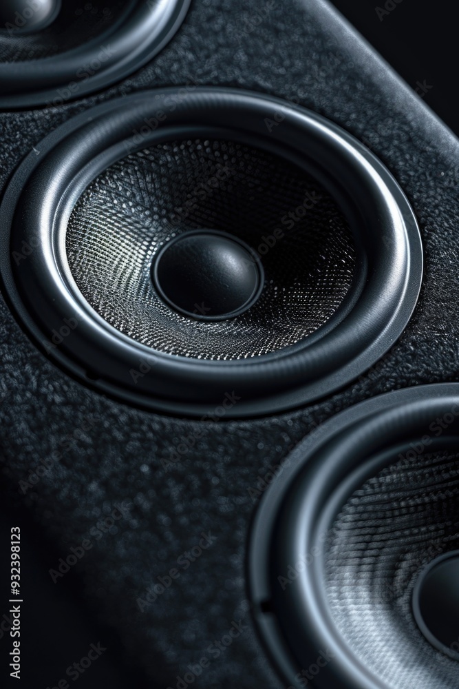 Poster a close-up shot of two speakers with a focus on the sound technology