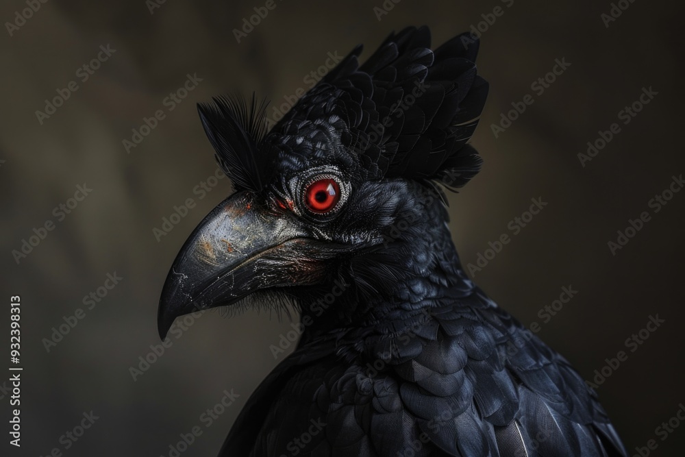 Poster a detailed view of a bird's face with striking red eyes, suitable for use in wildlife or nature-them