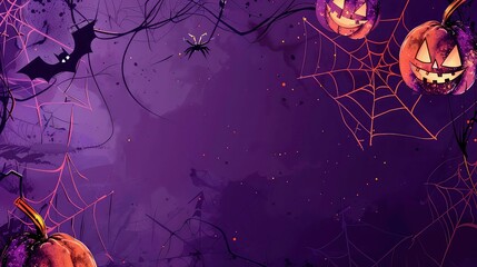 An illustrated purple Halloween background with a bat, spider, and jack-o-lanterns.