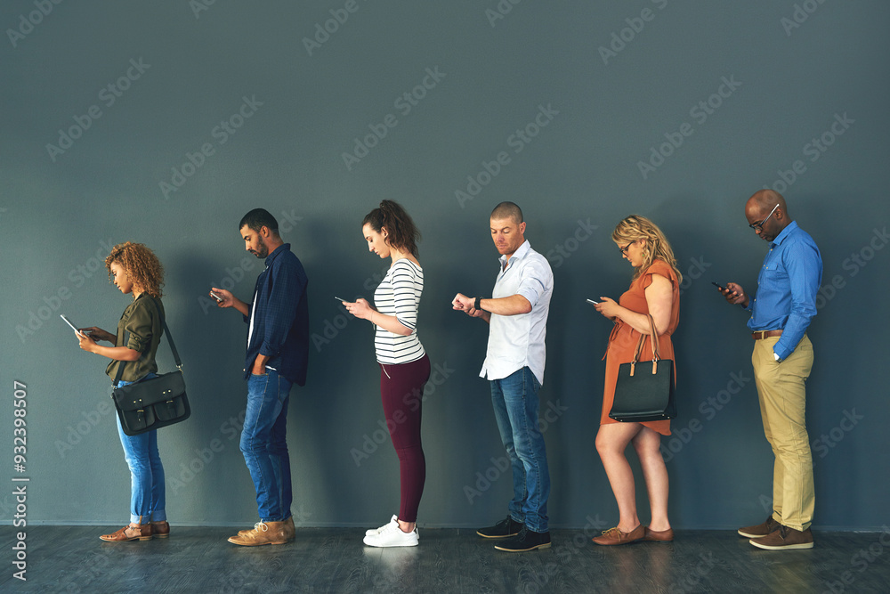 Poster Human resources, interview and watch with business people in line on gray background for delay or late. Checking time, hiring and recruitment with row of candidate group in studio for job opportunity