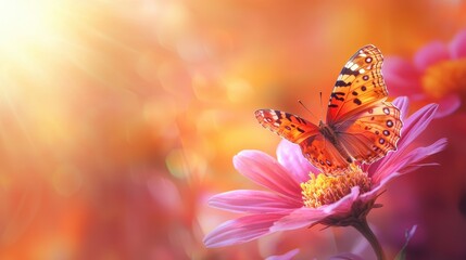 Beautiful Butterfly on a Pink Flower with Blurred Background
