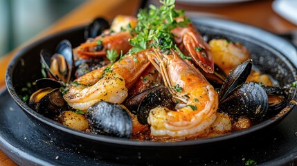 A close-up of a seafood dish. This photo is perfect for showcasing the deliciousness of seafood in a restaurant setting.
