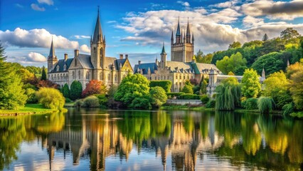 Naklejka premium Ivory stone walls and majestic Gothic spires of a prestigious university rise above a serene lake and lush green forests on a sunny day.