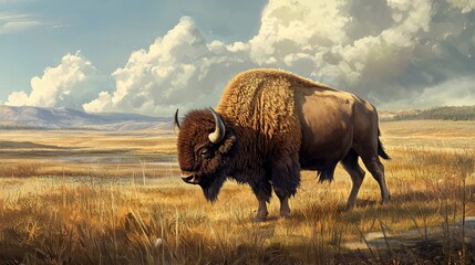 Wild Bison in a Meadow Landscape with Blue Sky and Fluffy Clouds