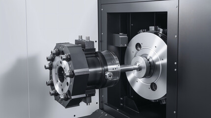 Fototapeta premium A state-of-the-art industrial machine showcases a multi-function spindle engaged in precise manufacturing tasks