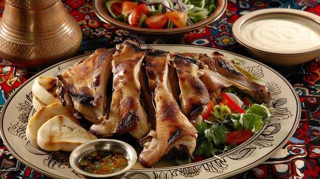 Serving of dajaj mashwi marinated and grilled chicken served with a side of salad and bread perfect for a traditional food experience