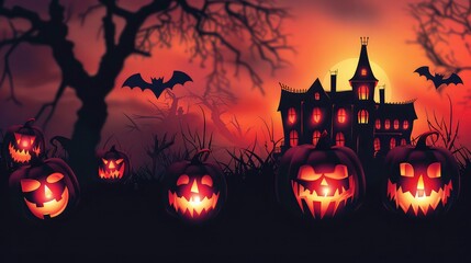 A spooky Halloween scene with a haunted house, bats, and lit jack-o'-lanterns.