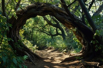 Obraz premium A tree grows over a worn dirt path, surrounded by foliage