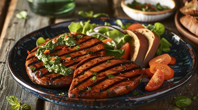 Serving of dajaj mashwi marinated and grilled chicken served with a side of salad and bread perfect for a traditional food experience