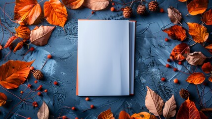 a book with a blank page surrounded by autumn leaves
