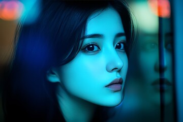 Naklejka premium Portrait of a young woman with blue cybernetic enhancements representing the integration of AI technology and human emotion in a high tech futuristic world