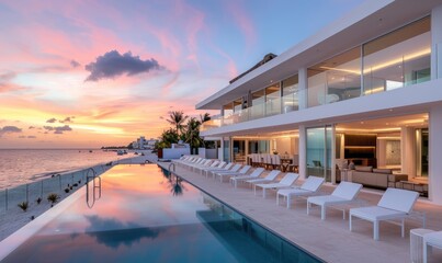 Fototapeta premium Modern Mansion with Glass Windows Overlooking Cancun Beach at Sunset