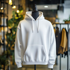 White Hoodie Front Mock Up With Store & Clothes in the Background
