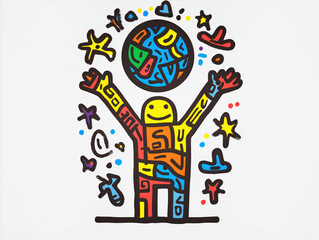 Obraz premium A Colorful Character Is Holding The Earth As A Symbol Above It's Head. Colorful Drawing Of A World Character.