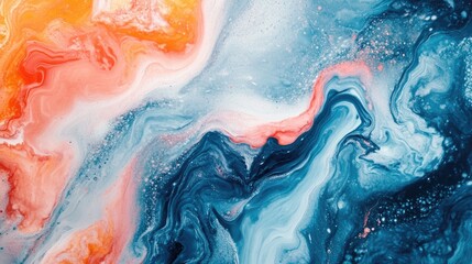 Obraz premium Abstract paint swirls in blue, orange, and pink. This image can be used as a background for websites, social media posts, and other digital media.