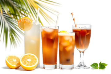 Fototapeta premium A variety of refreshing cocktails drinks displayed on a white background. Each drink is garnished with lemon slices and some have additional fruit.