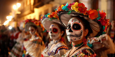 Varias mujeres en fila disfrazadas y maquilladas de Catrina, desfile de día de muertos.