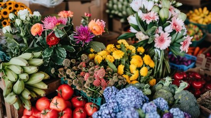 Vibrant Market Stall with Fresh Produce and Flowers