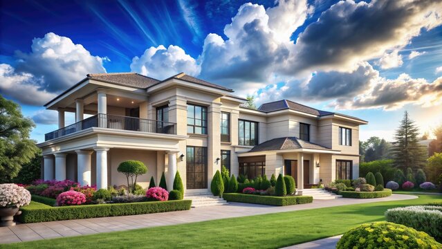 Large, luxurious, modern house with elegant facade, sprawling gardens, and intricate architectural details, set against a bright blue sky with fluffy white clouds.