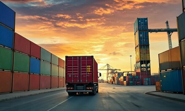 A red cargo truck driving through a busy shipping container terminal at sunset.