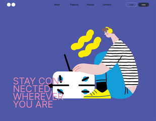 Creative workspace, modern flat vector concept illustration of a man working sitting with laptop on baggage suitcase Remote work, flexibility, independence, efficiency, mobility, synergy, freedom