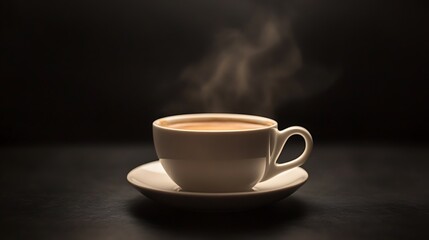 Obraz premium A white ceramic cup of hot coffee with steam rising on a dark background.