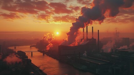 Coal fired power plant generating electricity sunset background image