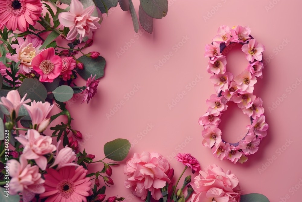 Poster a stylized representation of the number 8 surrounded by pink flowers on a pink background, suitable 