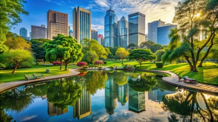 Fototapeta premium Lush greenery fills a vibrant city park, with towering trees, walking paths, and a picturesque pond reflecting the surrounding skyscrapers.