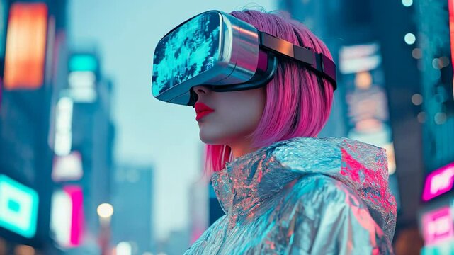 cyberpunk fashion portrait of a woman wearing VR headset and metallic hood at public city street  , futuristic vibes