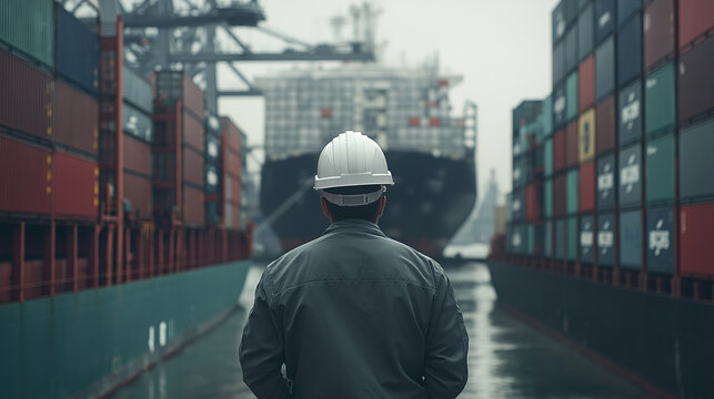 Close-up de um homem de costas com roupas de trabalho cinza e capacete de seguran&ccedil;a branco observando um grande navio carregado com containers em um porto comercial