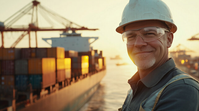 Close-up de um homem sorridente usando roupas de trabalho, &oacute;culos e capacete de seguran&ccedil;a de costas para um grande navio carregado com containers durante o p&ocirc;r do sol