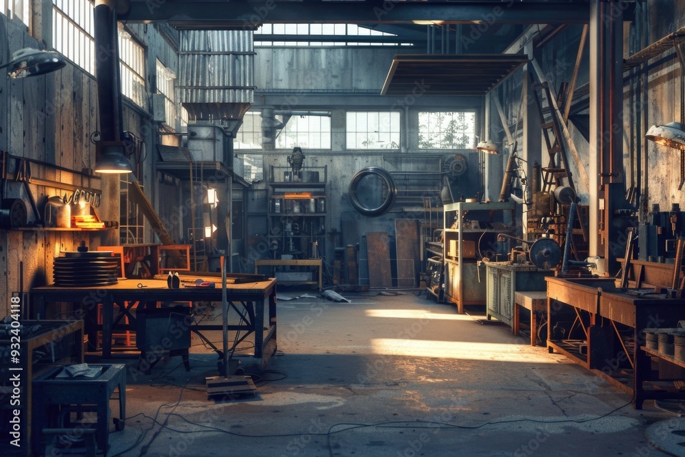 Poster a photo of various tools and machinery inside a factory