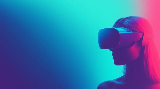 Close-up de uma mulher usando um &oacute;culos de realidade virtual moderno e tecnol&oacute;gico com cores futuristas