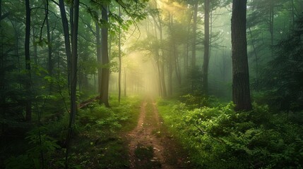 Obraz premium Sunbeams Through Misty Forest